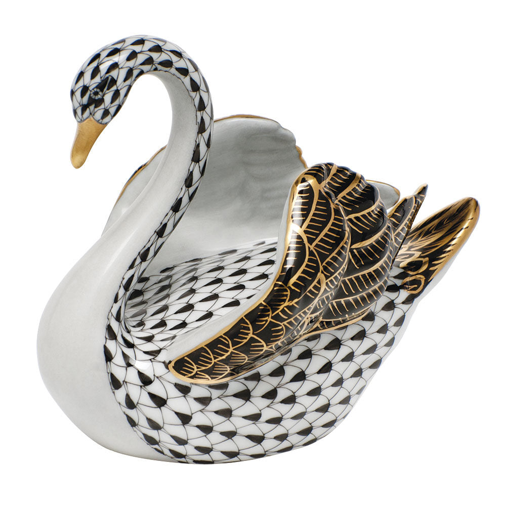 Hand-painted Herend Swan Figurine in Black fishnet porcelain on a white background
