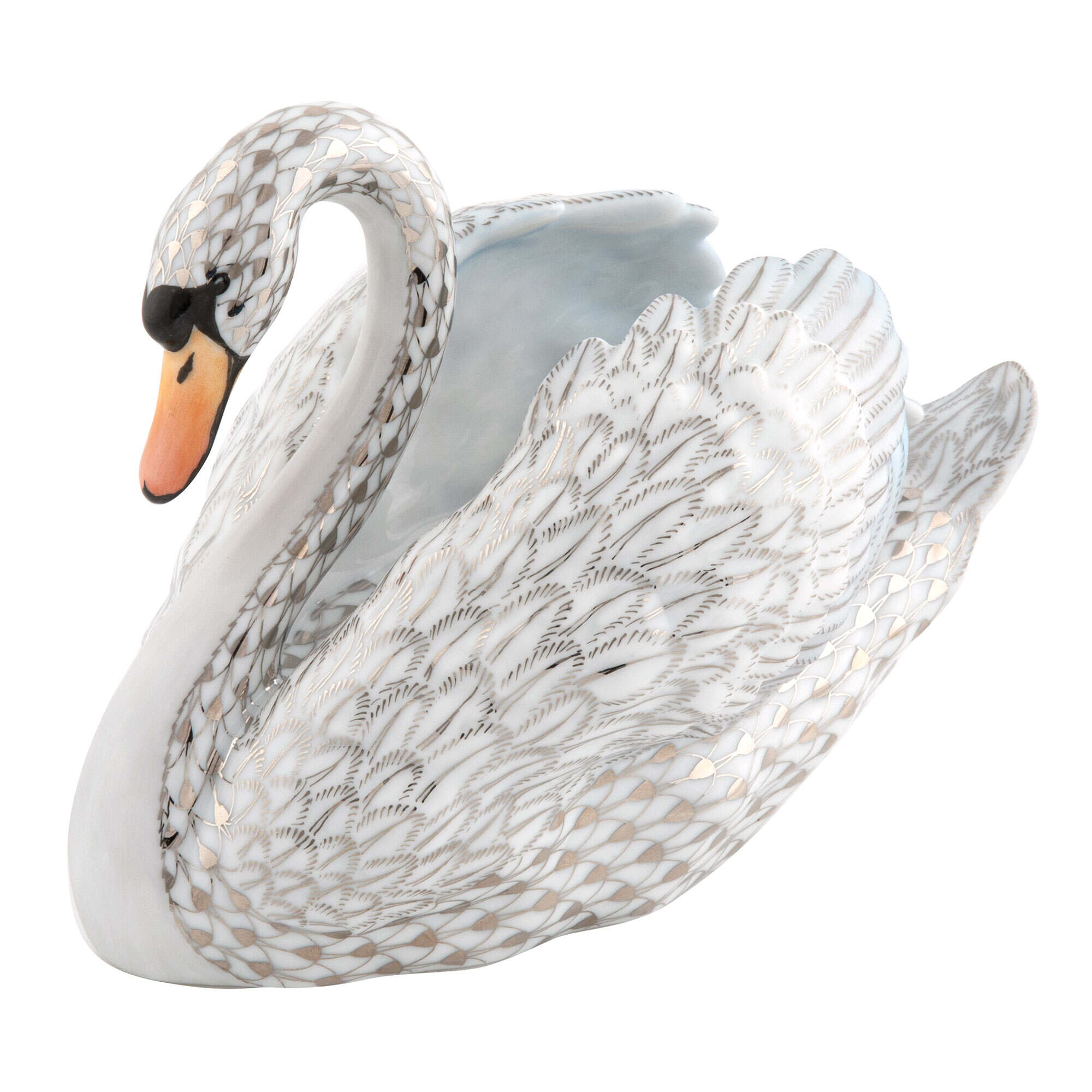 Hand-painted Herend Swan Figurine in fine porcelain, 6.75in L X 4.25in W X 5.25in H, on a white background