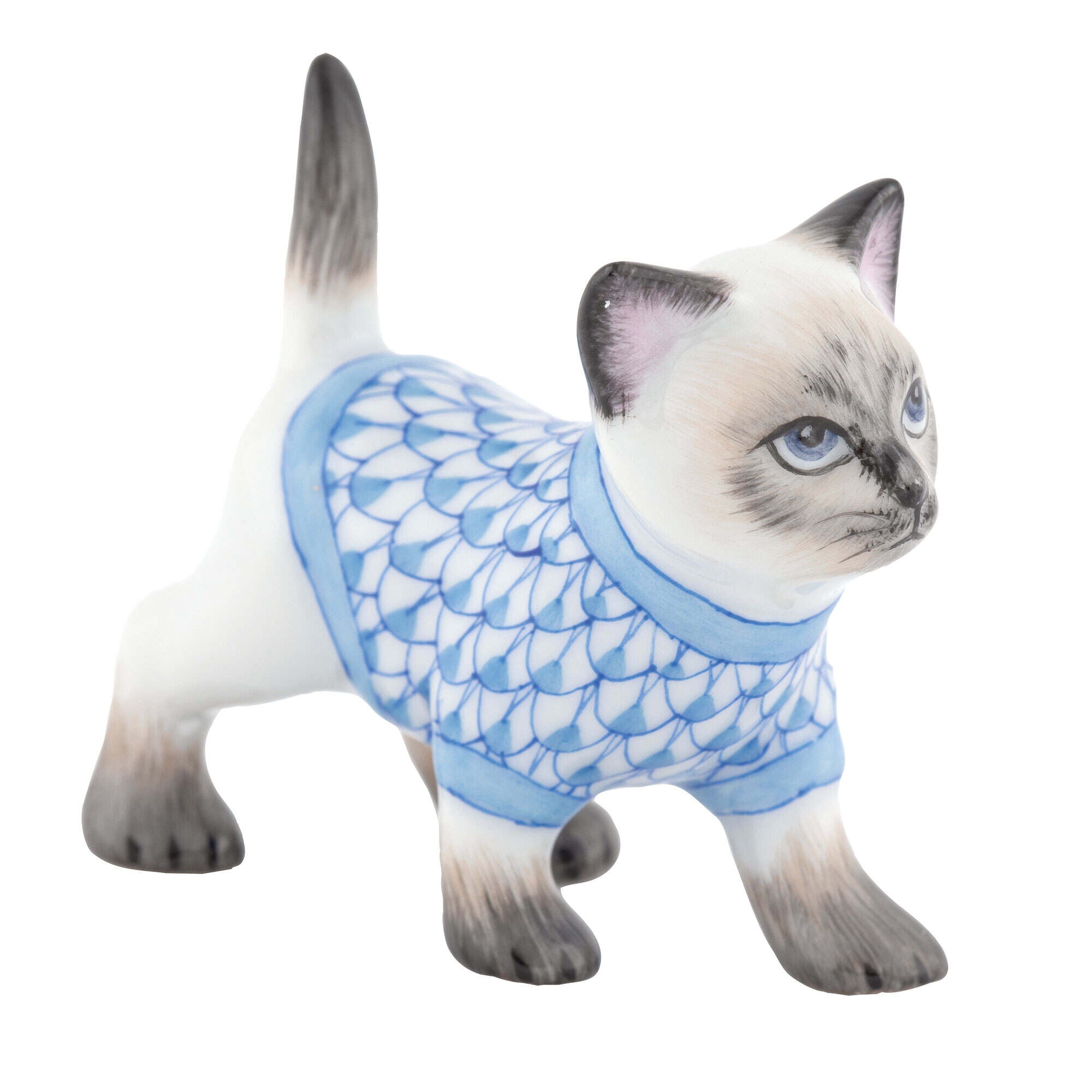 Herend Sweater Kitty Figurine porcelain figurine painted in the Blue fishnet pattern