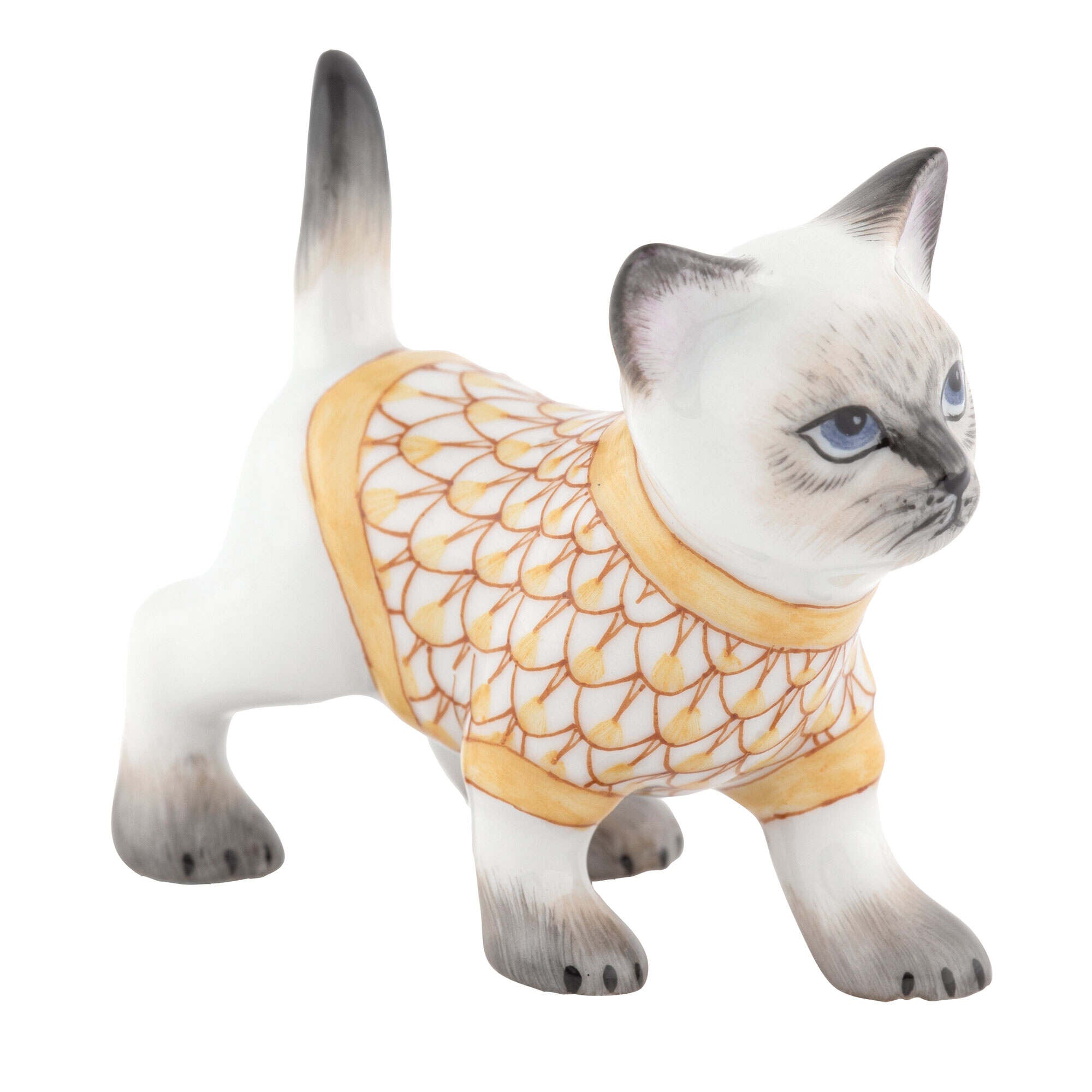 Hand-painted Herend Sweater Kitty Figurine in Butterscotch fishnet porcelain on a white background