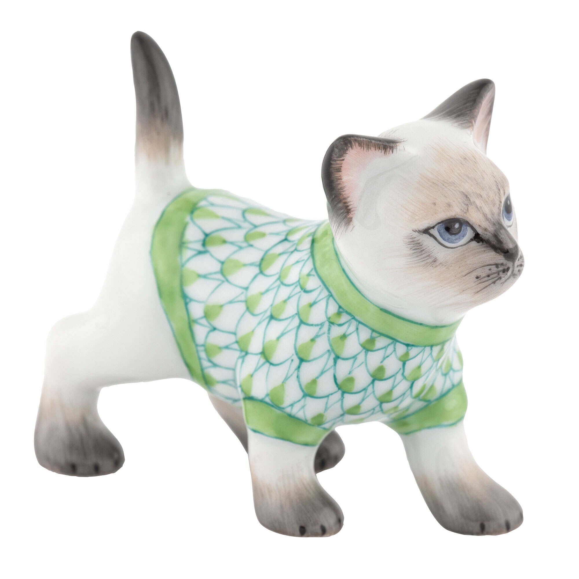 Sweater Kitty Figurine in hand-painted Key Lime porcelain by Herend of Hungary