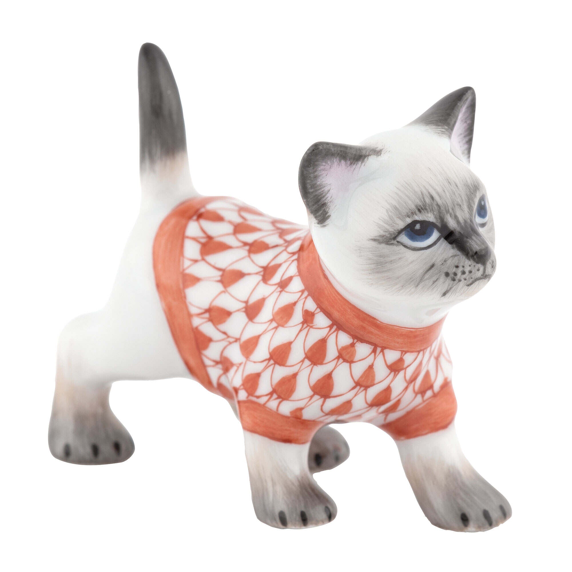 Herend Sweater Kitty Figurine porcelain figurine painted in the Rust fishnet pattern