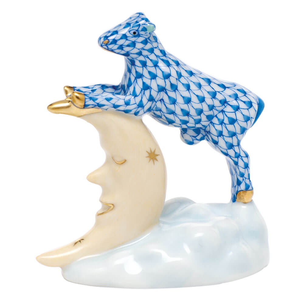 The Cow Jumped Over the Moon Figurine in hand-painted Blue porcelain by Herend of Hungary