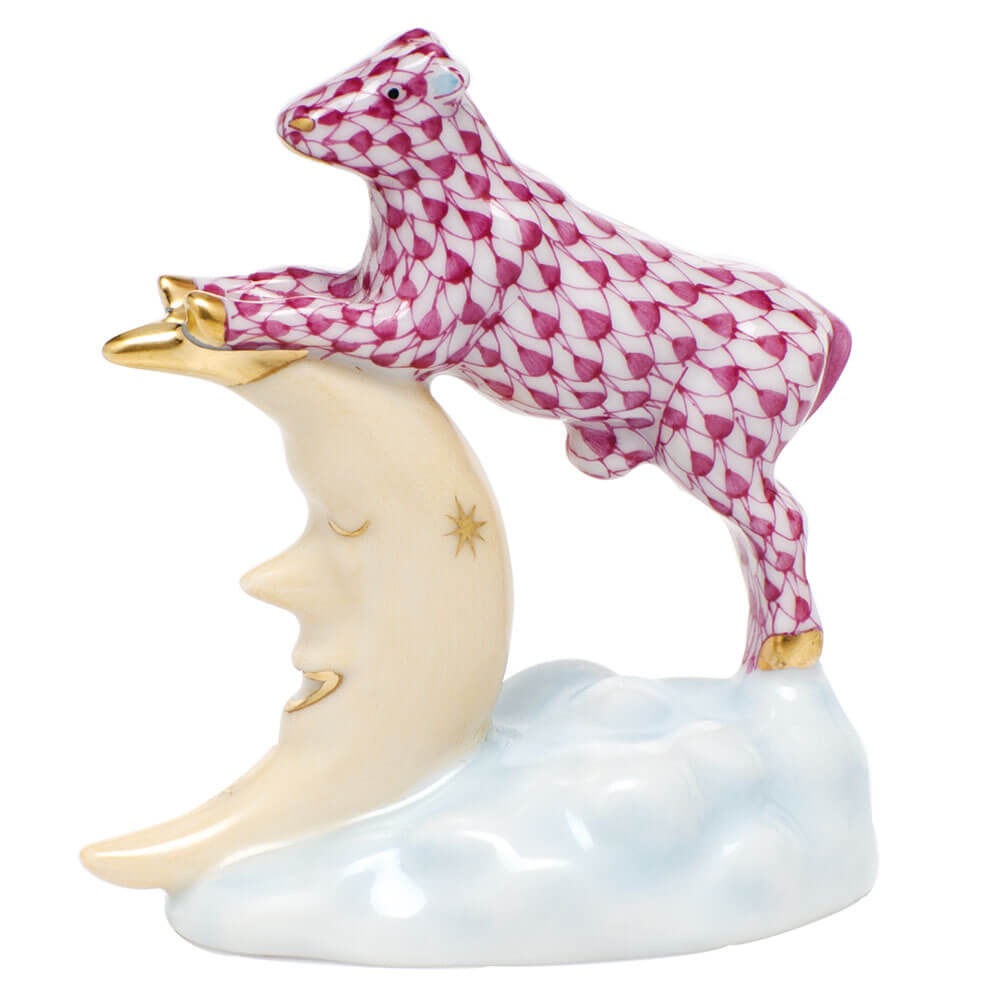 The Cow Jumped Over the Moon Figurine in hand-painted Raspberry porcelain by Herend of Hungary