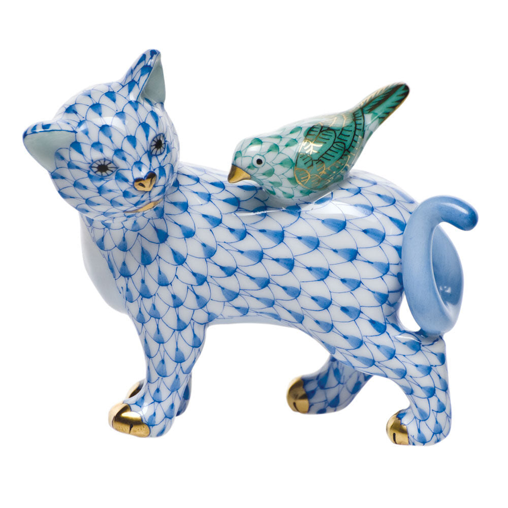 Hand-painted Herend The Odd Couple Figurine in Blue-Green fishnet porcelain on a white background