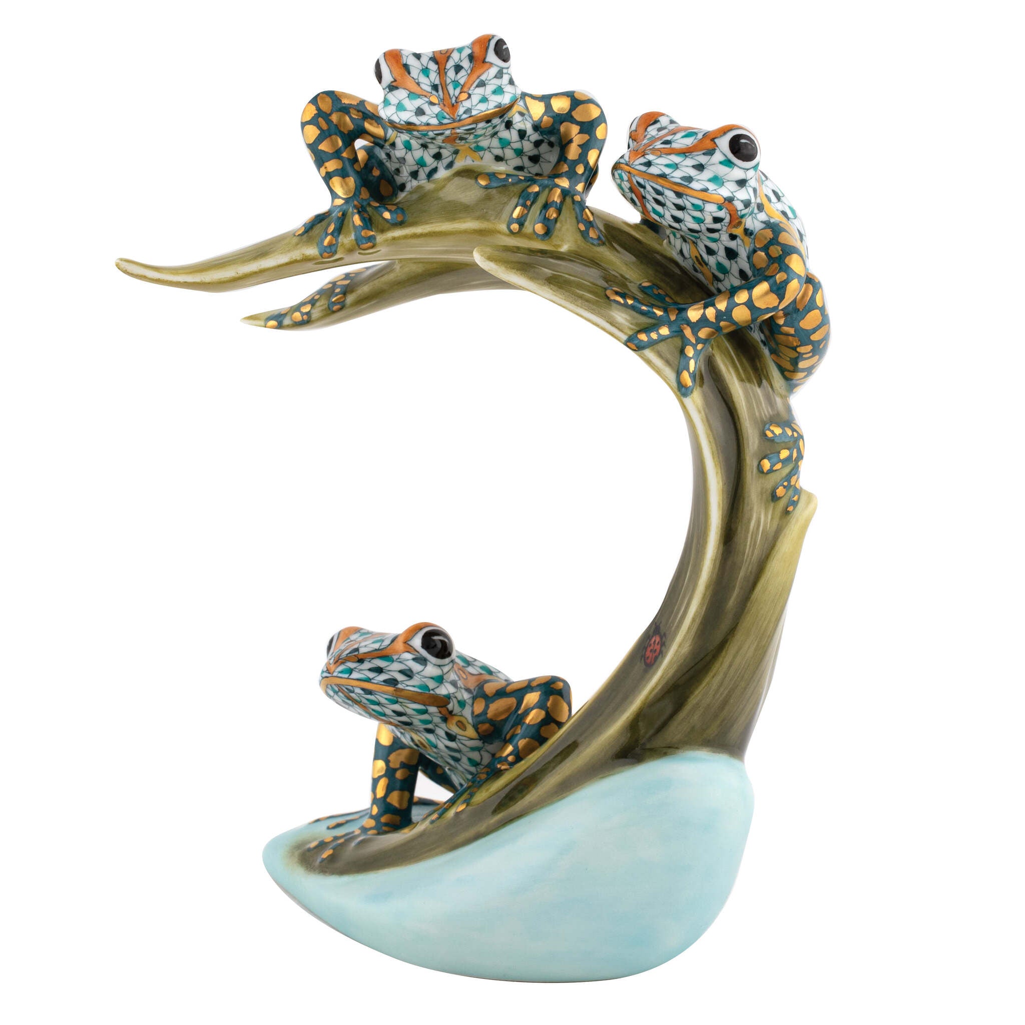 Hand-painted Herend Three Tree Frogs on Palm Figurine in fine porcelain, 4.5in L X 4.5in W X 6.5in H, on a white background
