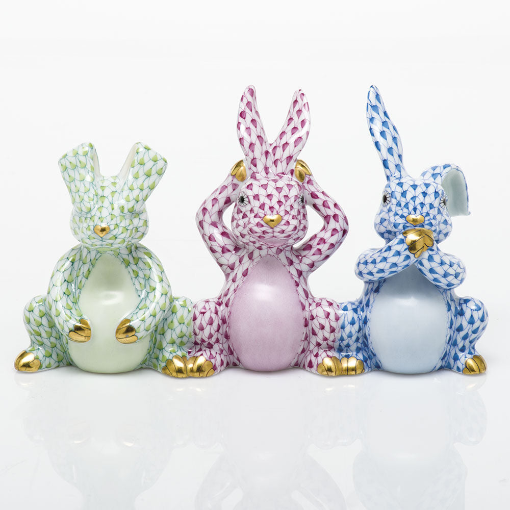Herend Three Wise Bunnies Figurine porcelain figurine painted in the Key Lime-Raspberry-Blue fishnet pattern