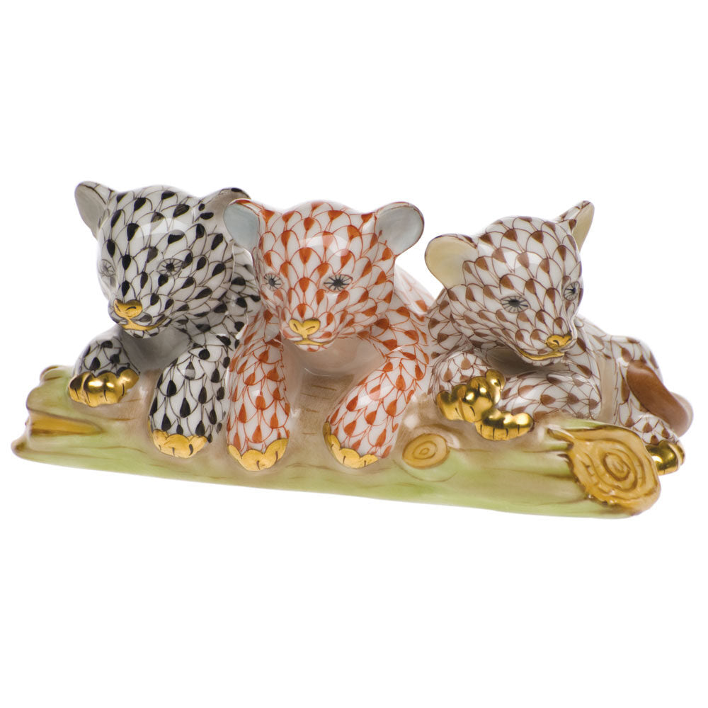 Hand-painted Herend Tiger Cubs Figurine in Black-Rust-Chocolate fishnet porcelain on a white background