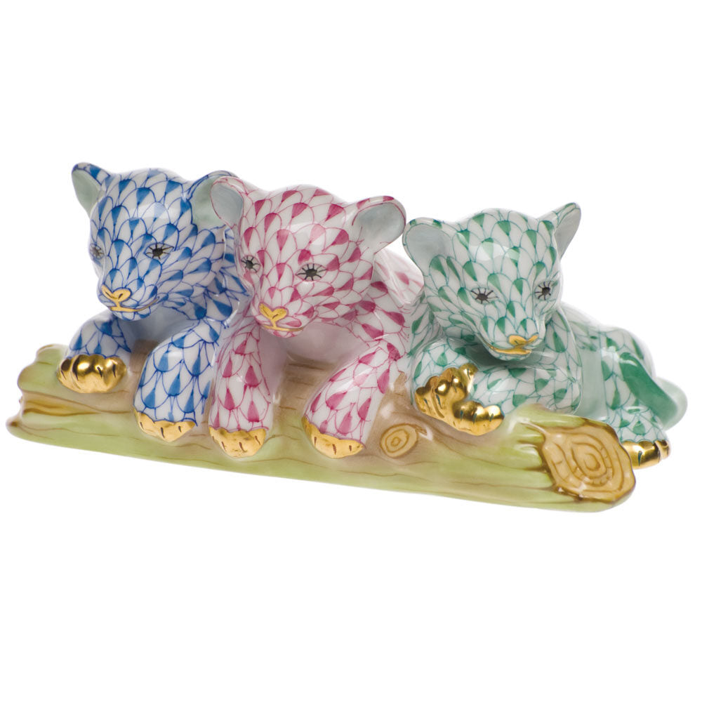Hand-painted Herend Tiger Cubs Figurine in Blue-Raspberry-Green fishnet porcelain on a white background