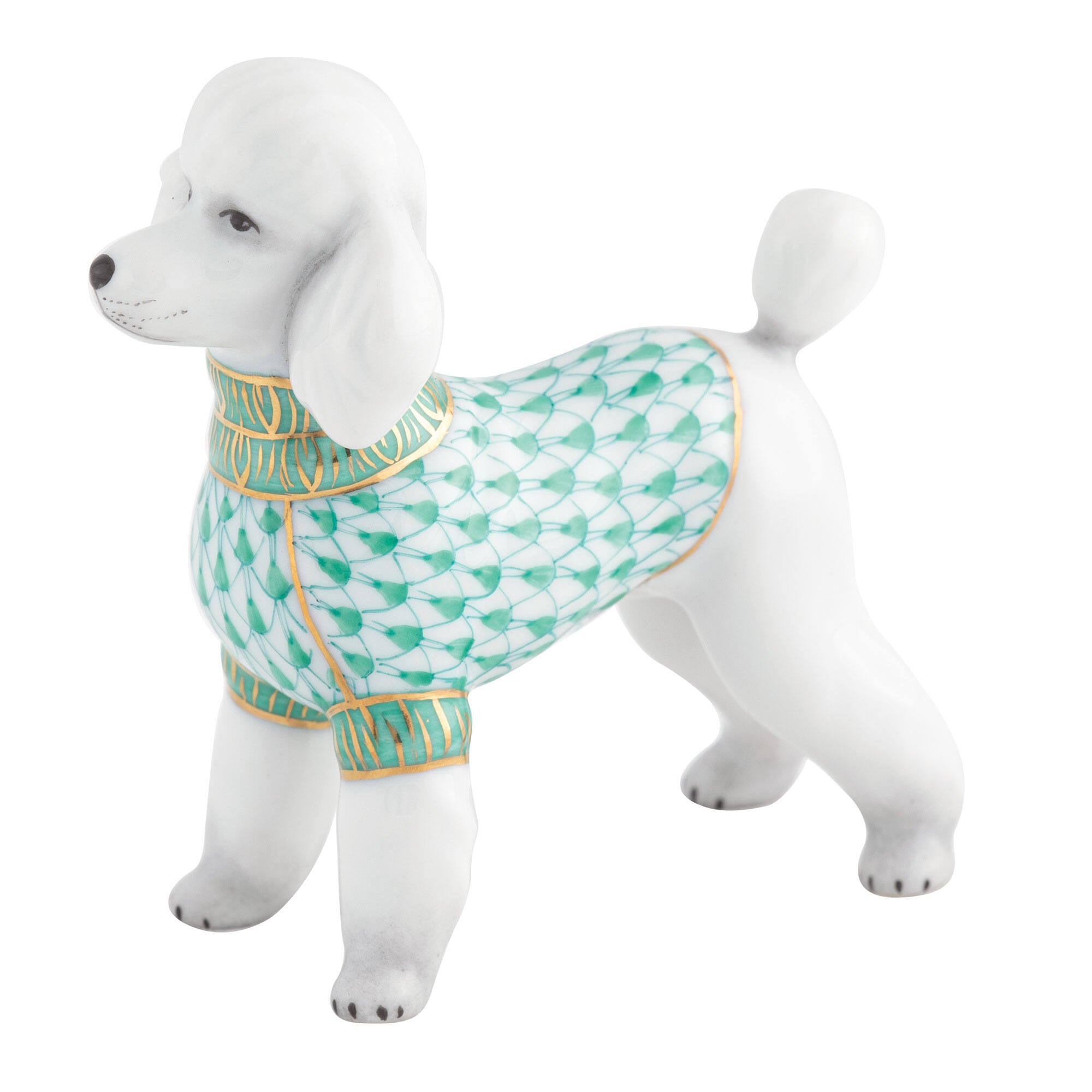 Hand-painted Herend Toy Poodle Figurine in Green fishnet porcelain on a white background