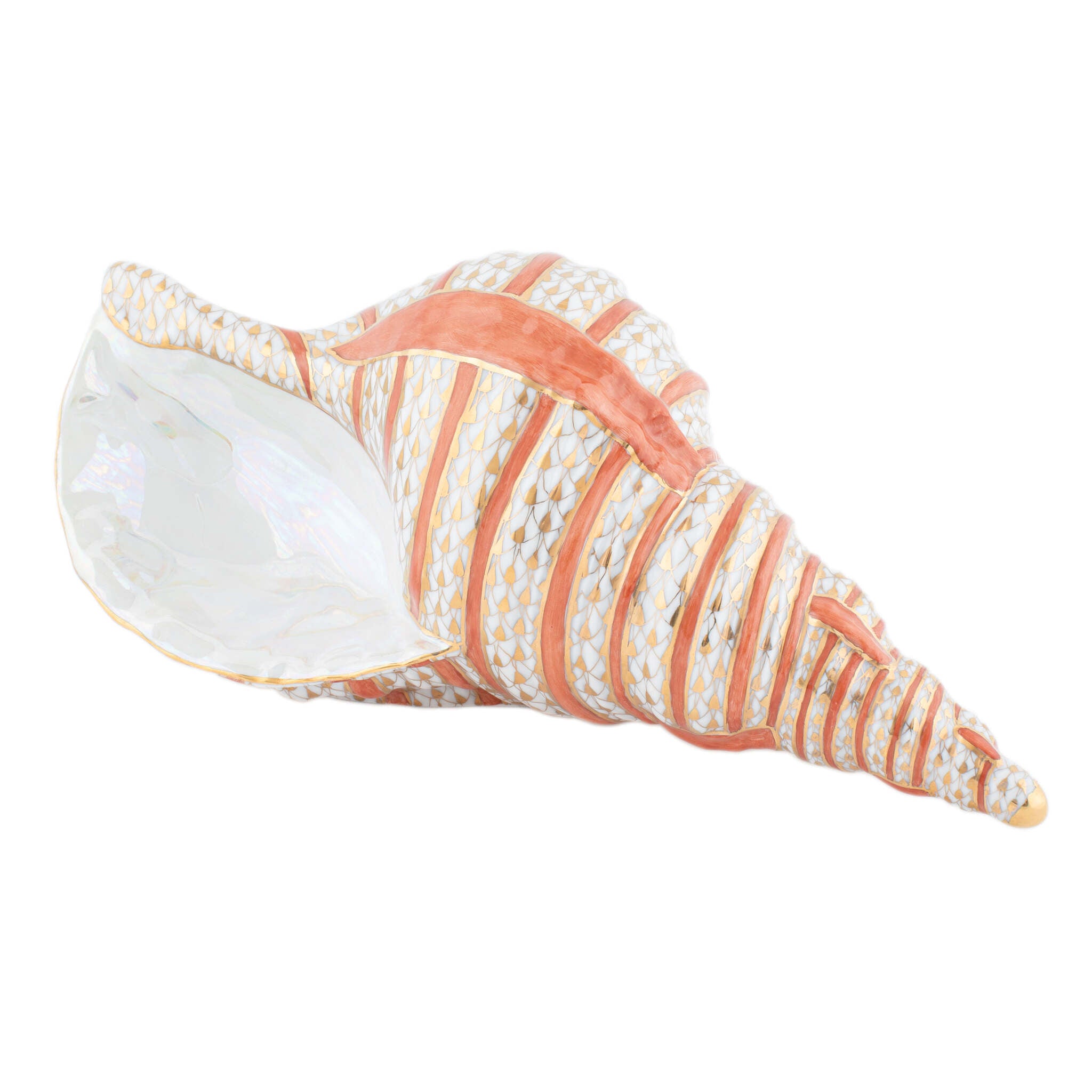 Hand-painted Herend Triton Shell Candy Dish in fine porcelain, 9.5in L X 4.5in W X 4in H, on a white background