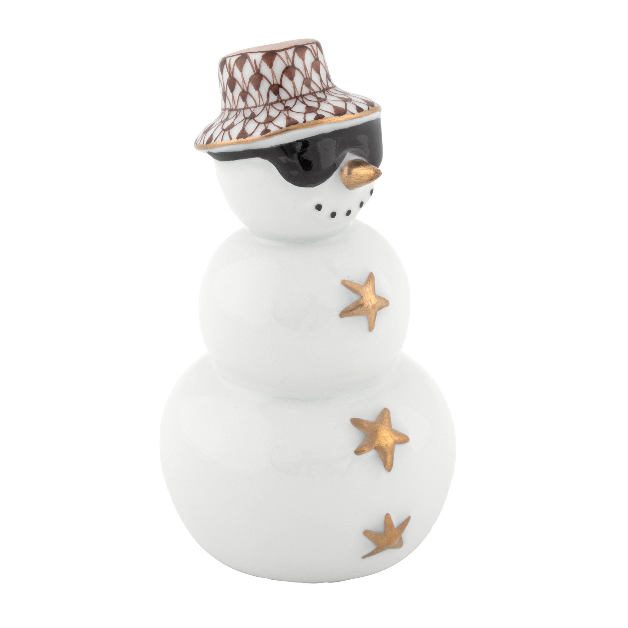 Hand-painted Herend Tropical Snowman Figurine in Chocolate fishnet porcelain on a white background