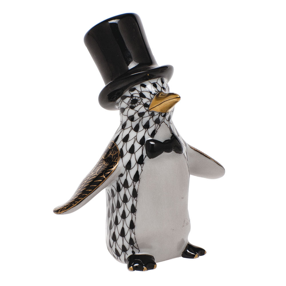 Tuxedo Penguin Figurine in hand-painted Black porcelain by Herend of Hungary
