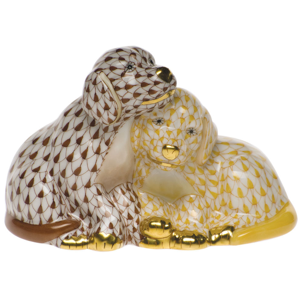 Hand-painted Herend Two Puppies Figurine in fine porcelain, 4in L X 2.5in H, on a white background