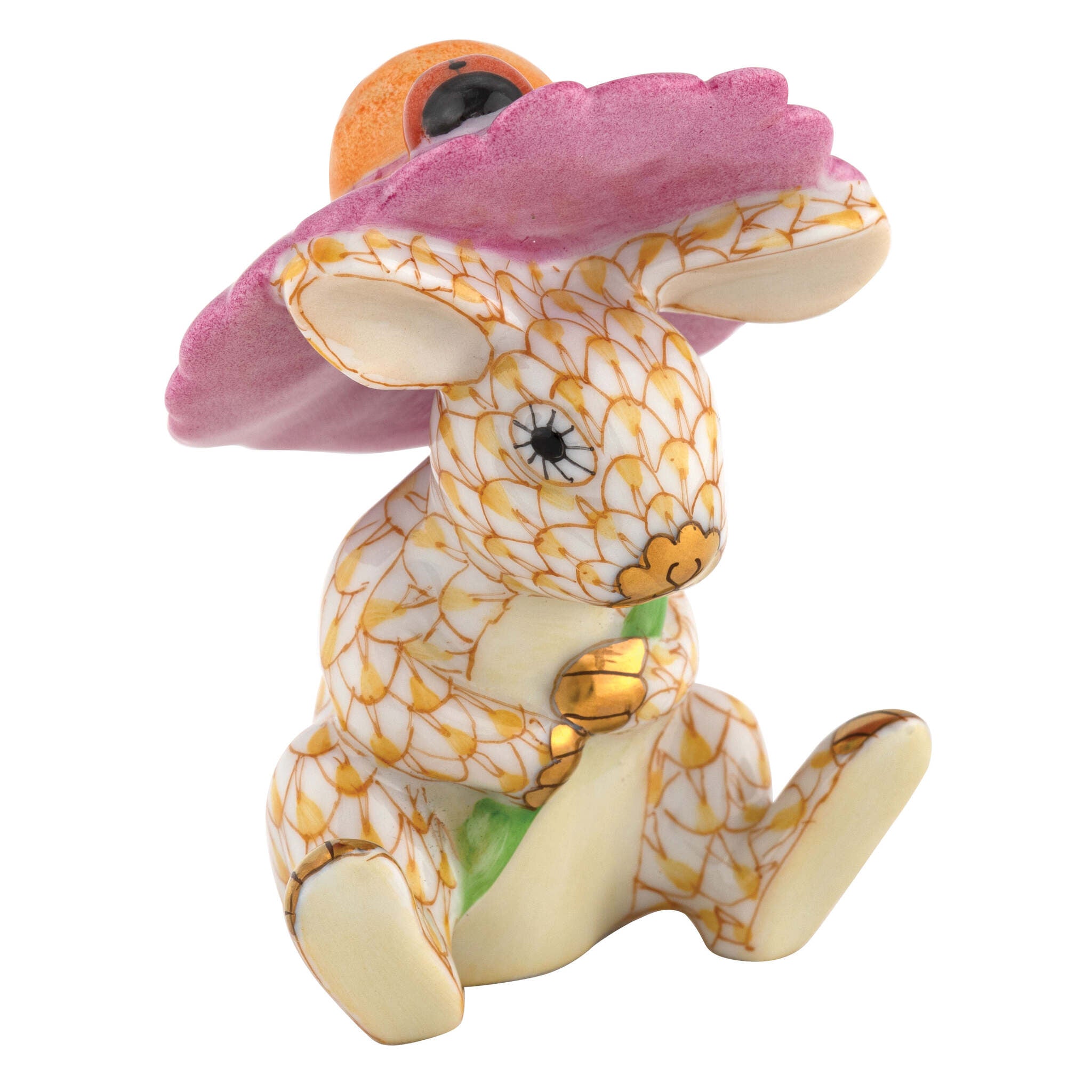 Herend Umbrella Bunny Figurine porcelain figurine painted in the Butterscotch fishnet pattern