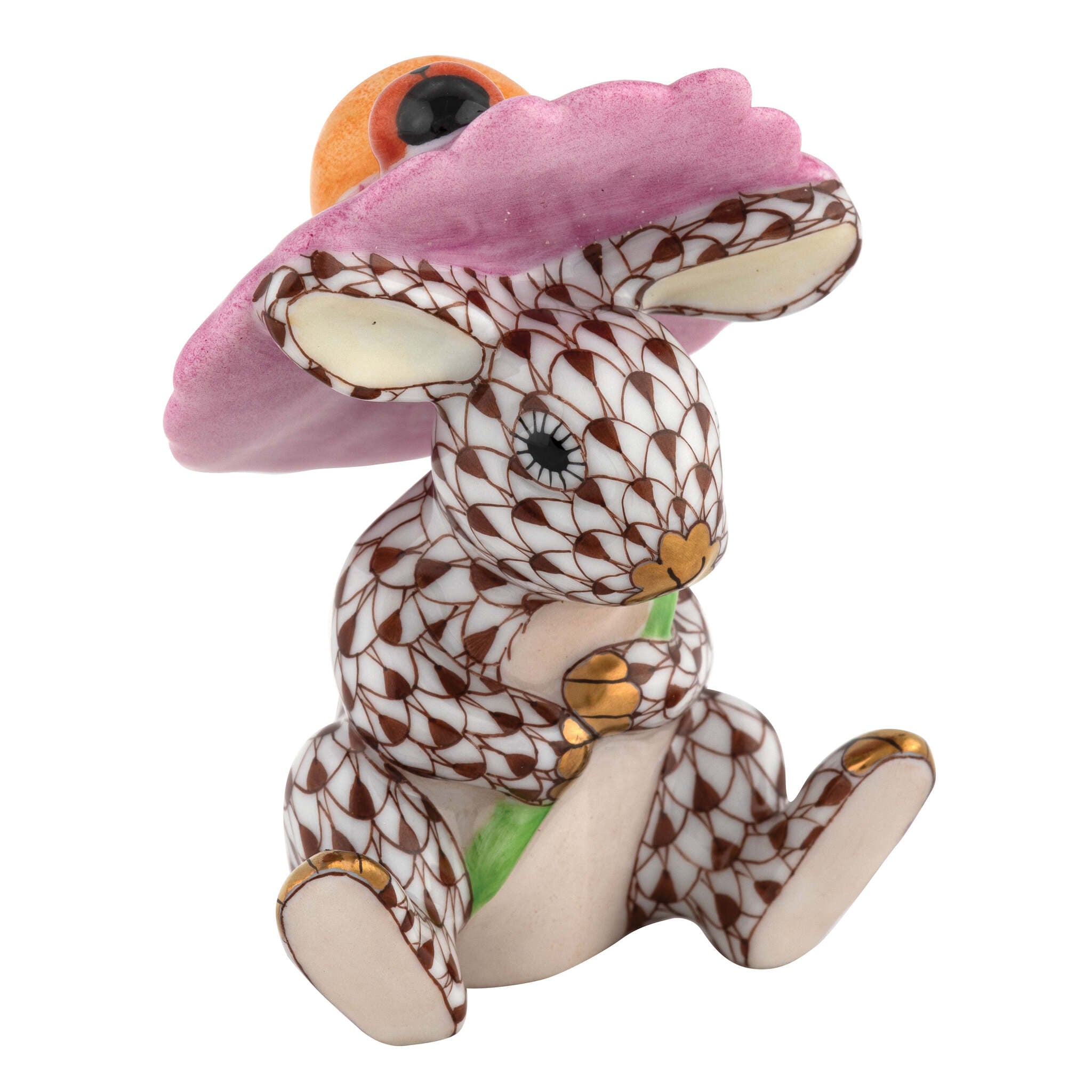Hand-painted Herend Umbrella Bunny Figurine in Chocolate fishnet porcelain on a white background