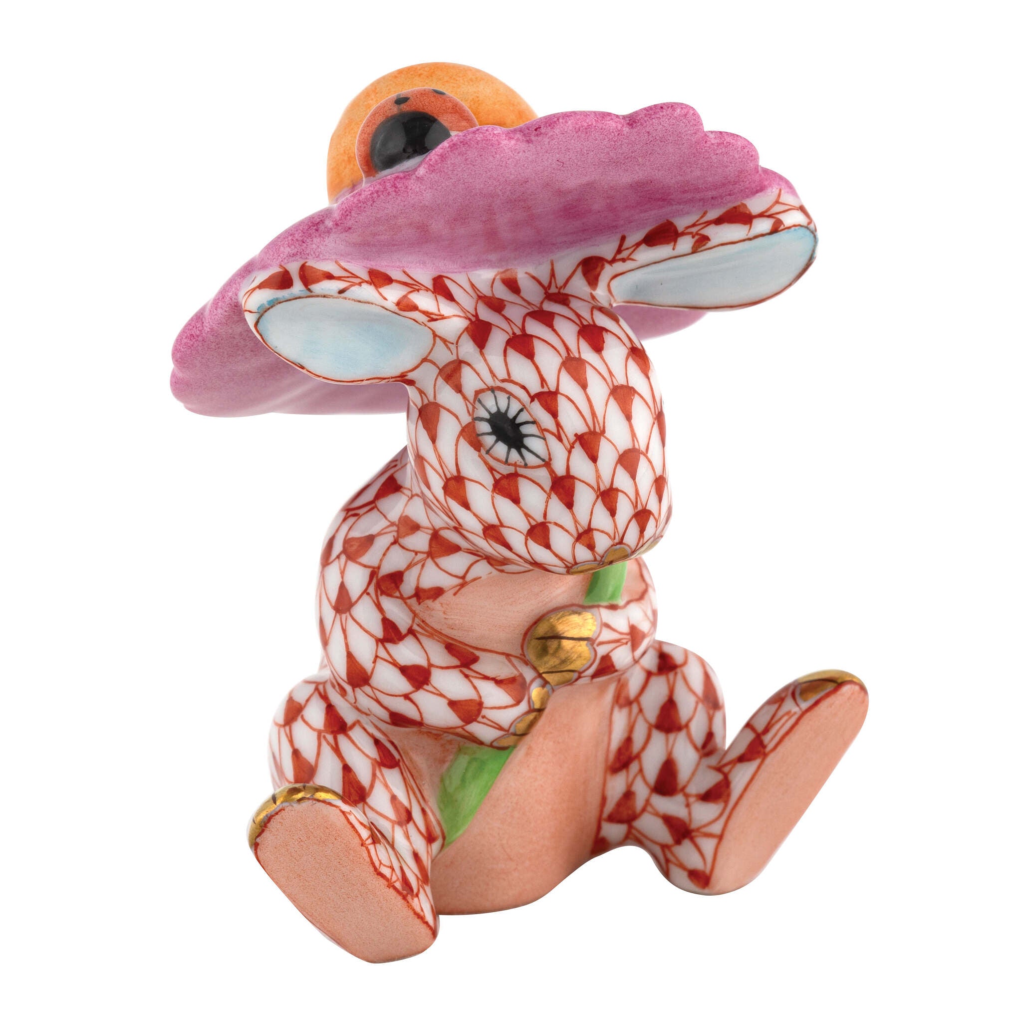 Herend Umbrella Bunny Figurine porcelain figurine painted in the Rust fishnet pattern