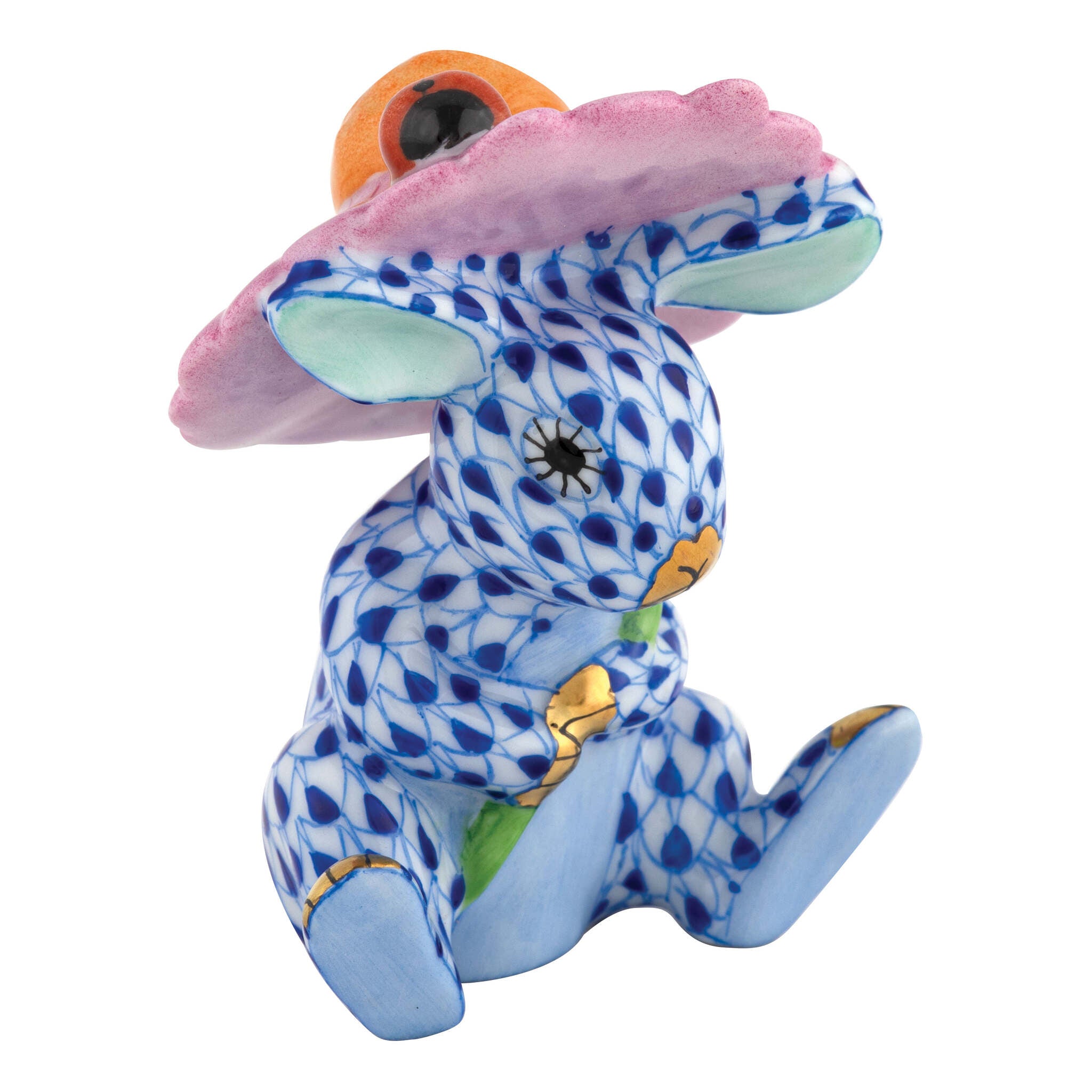 Herend Umbrella Bunny Figurine porcelain figurine painted in the Sapphire fishnet pattern