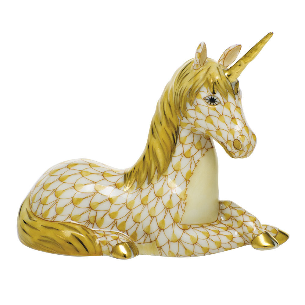Hand-painted Herend Unicorn Figurine in Butterscotch fishnet porcelain on a white background