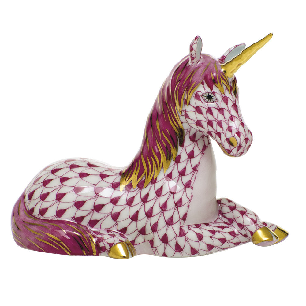 Herend Unicorn Figurine porcelain figurine painted in the Raspberry fishnet pattern