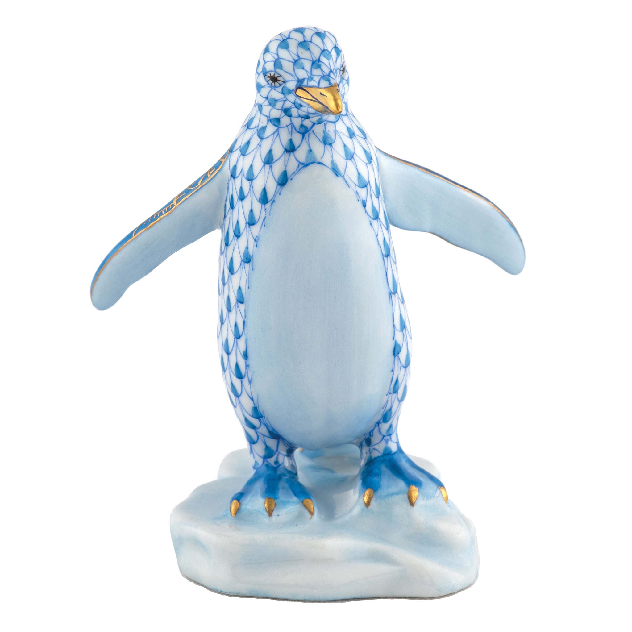 Herend Waddling Penguin Figurine porcelain figurine painted in the Blue fishnet pattern