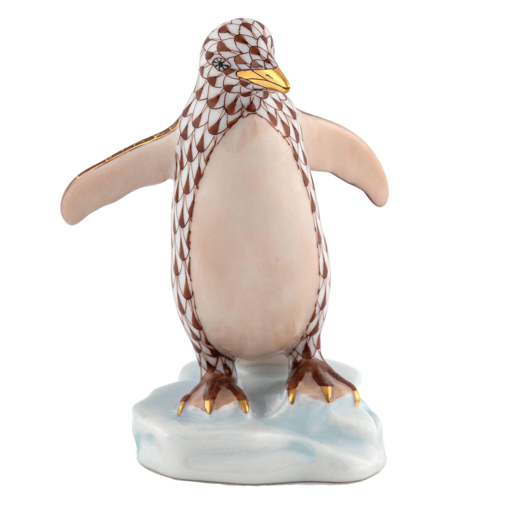 Chocolate fishnet Waddling Penguin Figurine figurine, hand-painted Herend porcelain with 24k gold accents