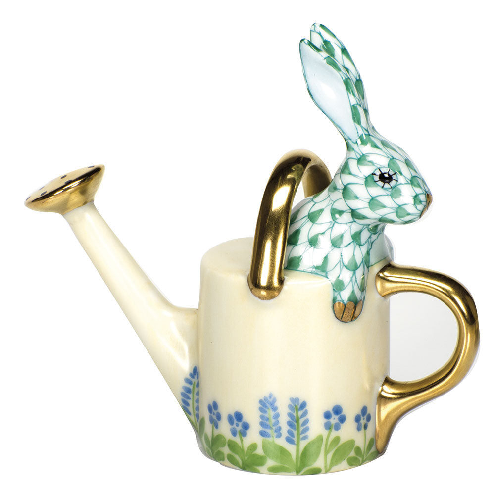 Watering Can Bunny Figurine in hand-painted Green porcelain by Herend of Hungary