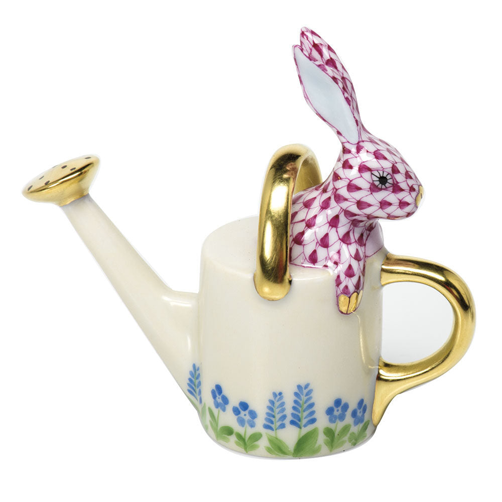 Raspberry fishnet Watering Can Bunny Figurine figurine, hand-painted Herend porcelain with 24k gold accents