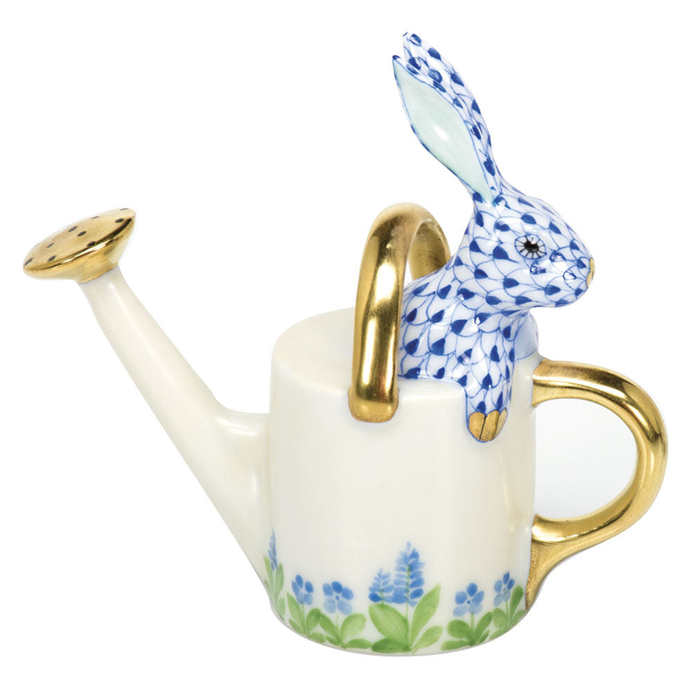 Sapphire fishnet Watering Can Bunny Figurine figurine, hand-painted Herend porcelain with 24k gold accents