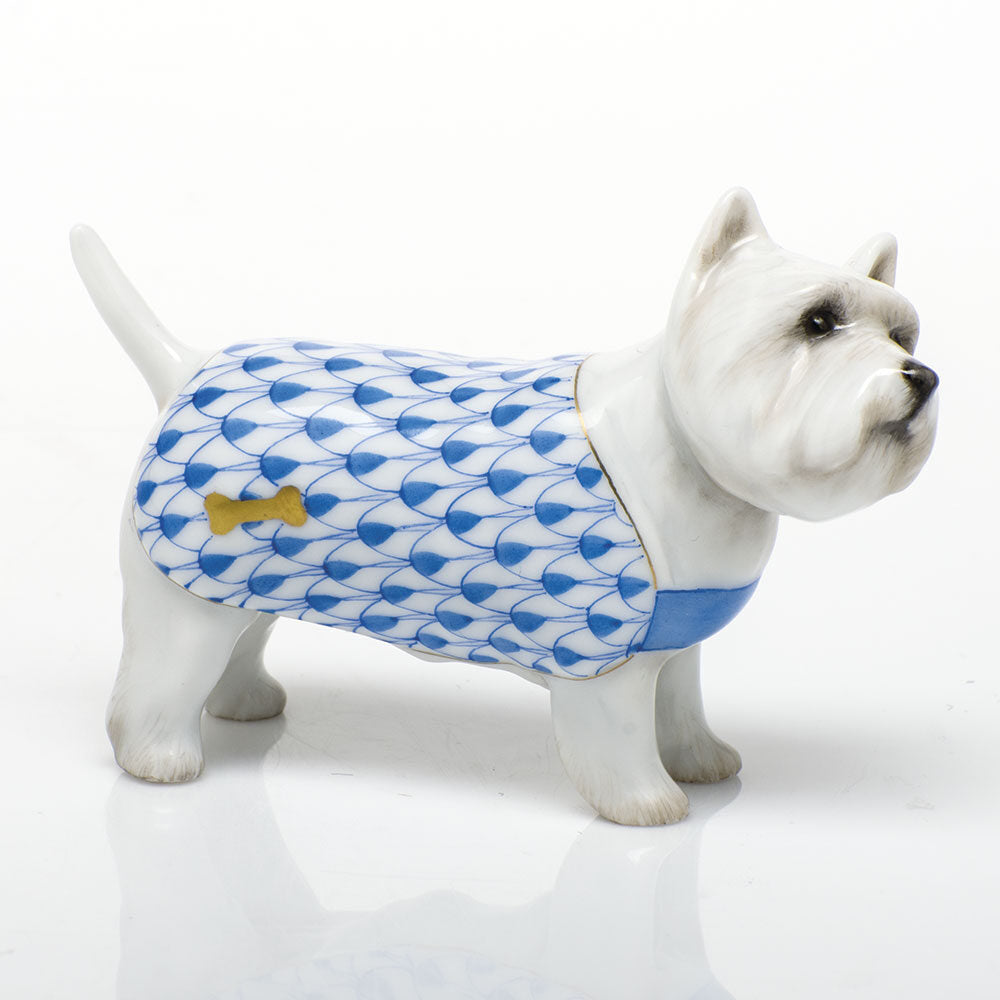 Blue fishnet West Highland Terrier Figurine figurine, hand-painted Herend porcelain with 24k gold accents