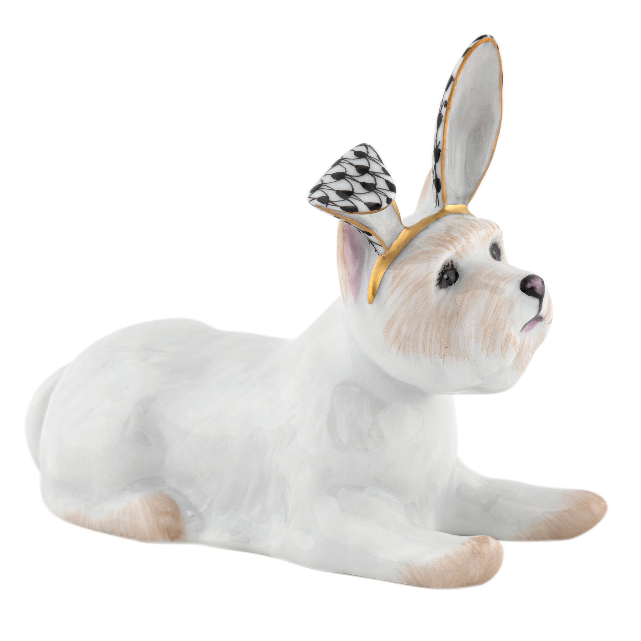 Hand-painted Herend Westie with Bunny Ears Figurine in Black fishnet porcelain on a white background