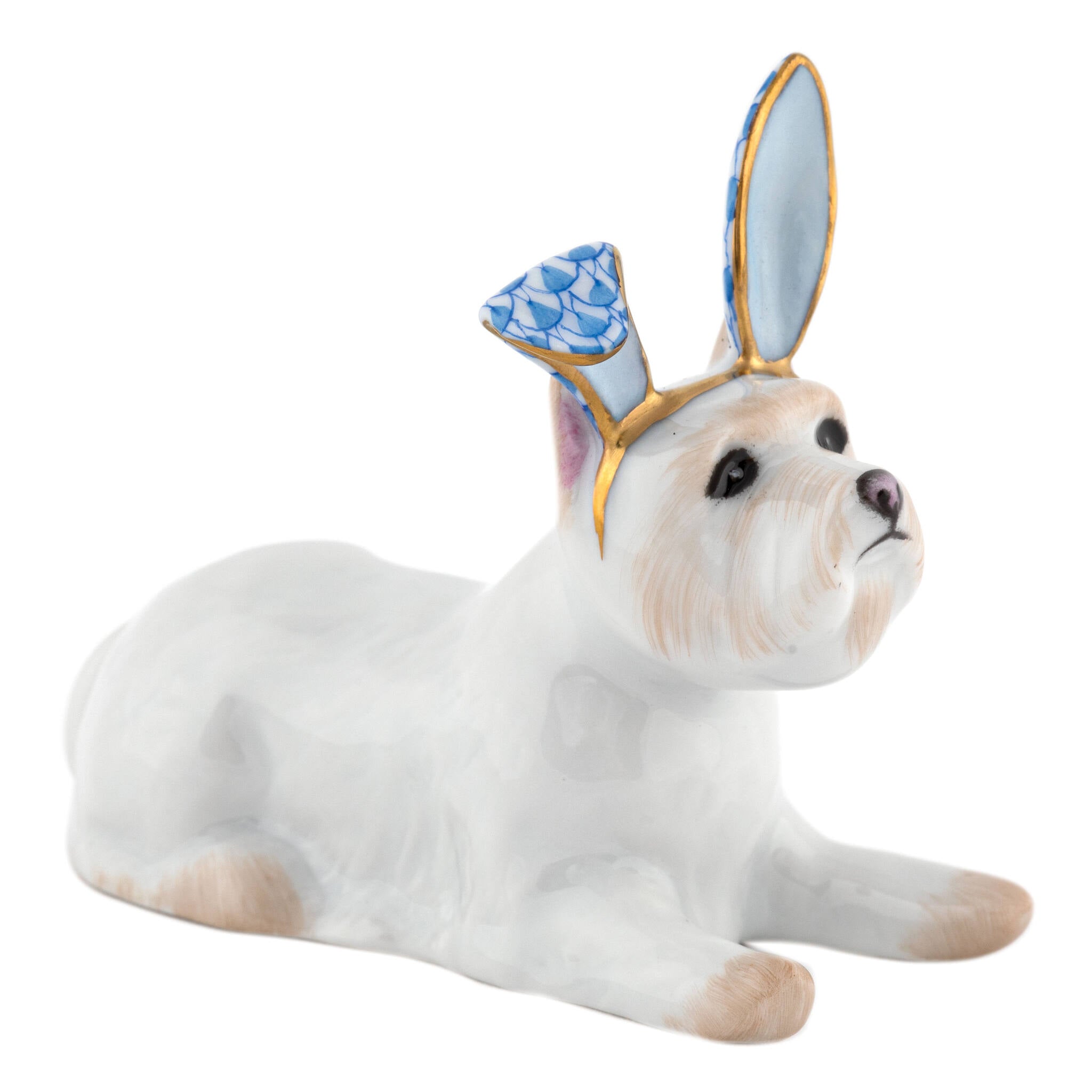 Herend Westie with Bunny Ears Figurine porcelain figurine painted in the Blue fishnet pattern