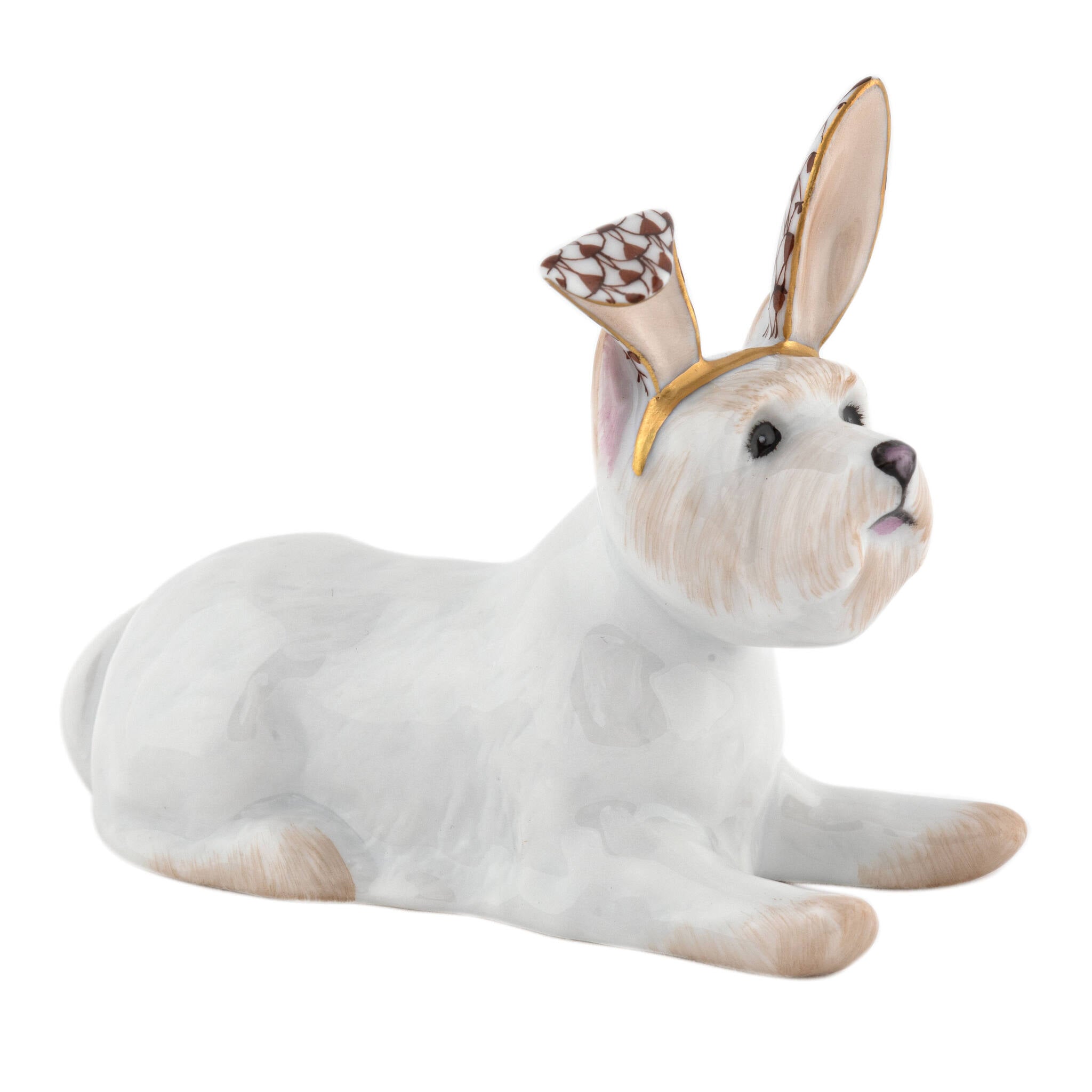 Hand-painted Herend Westie with Bunny Ears Figurine in Chocolate fishnet porcelain on a white background