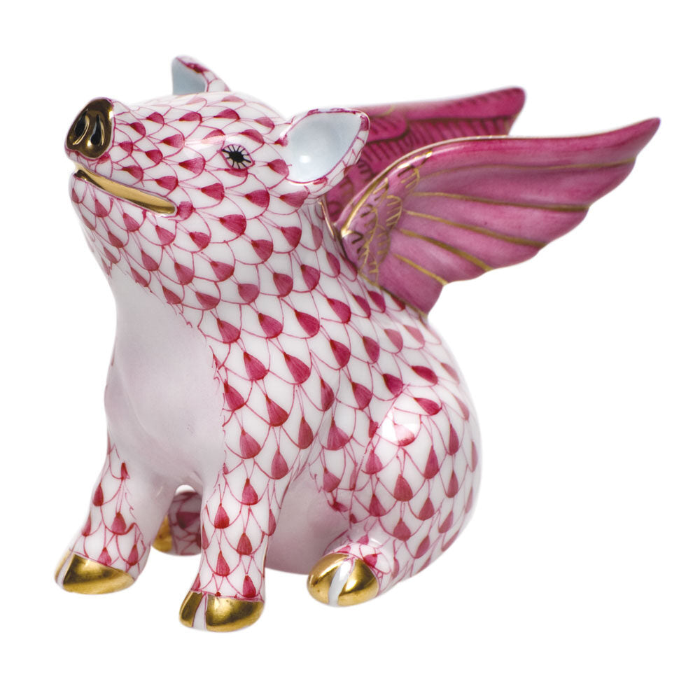 When Pigs Fly Figurine in hand-painted Raspberry porcelain by Herend of Hungary