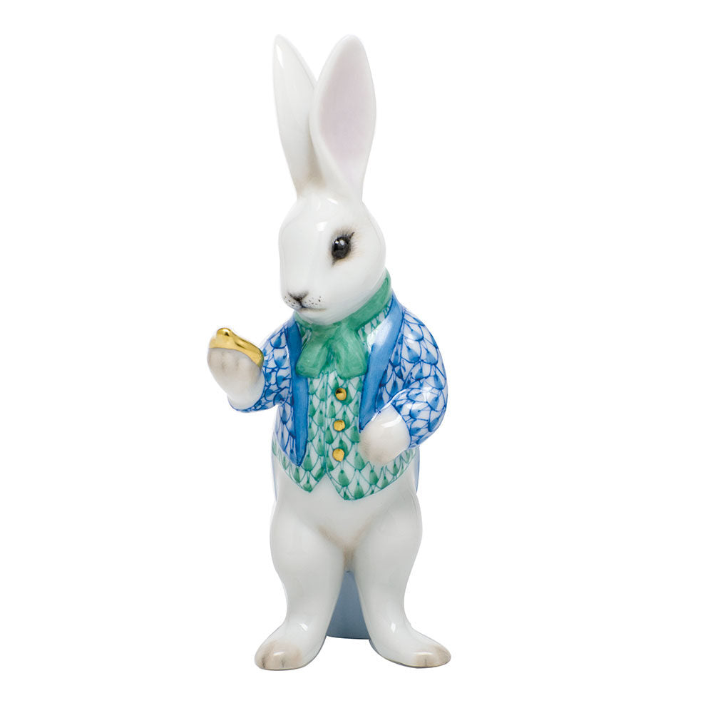 Herend White Rabbit Figurine porcelain figurine painted in the Blue-Green fishnet pattern