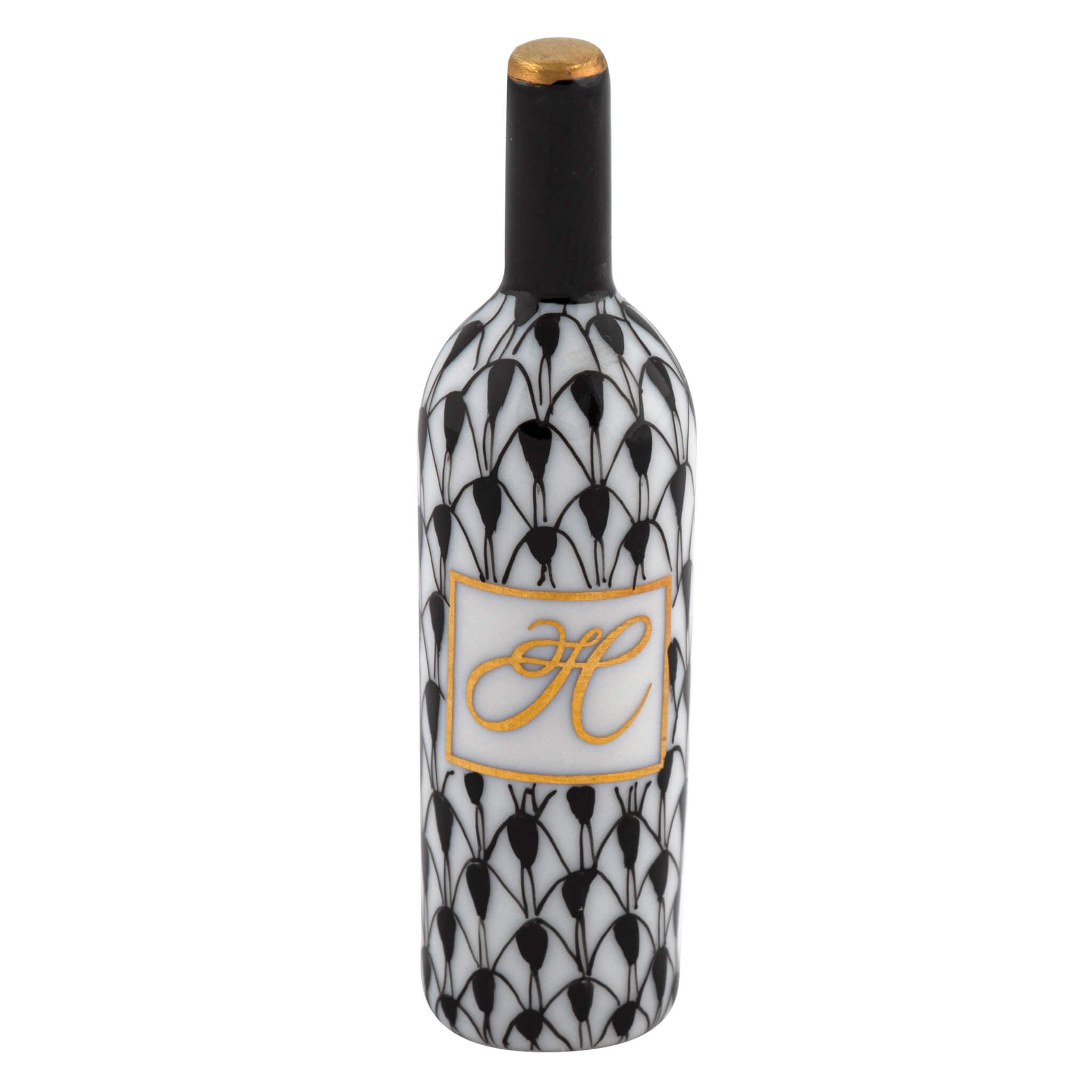 Herend Wine Bottle figurine in Black with black fishnet pattern with gold accents on a white background