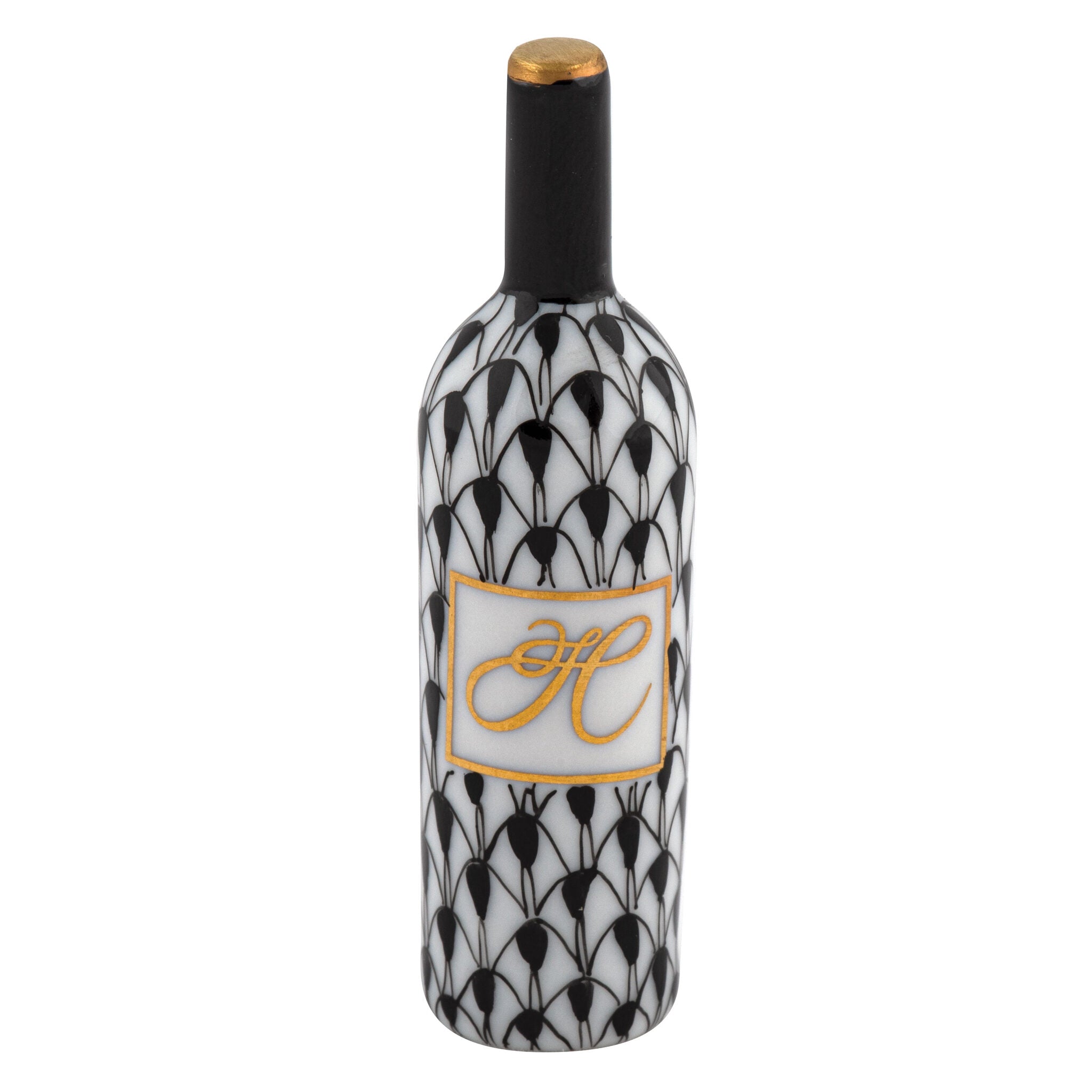 Herend Wine Bottle Figurine porcelain figurine painted in the Black fishnet pattern