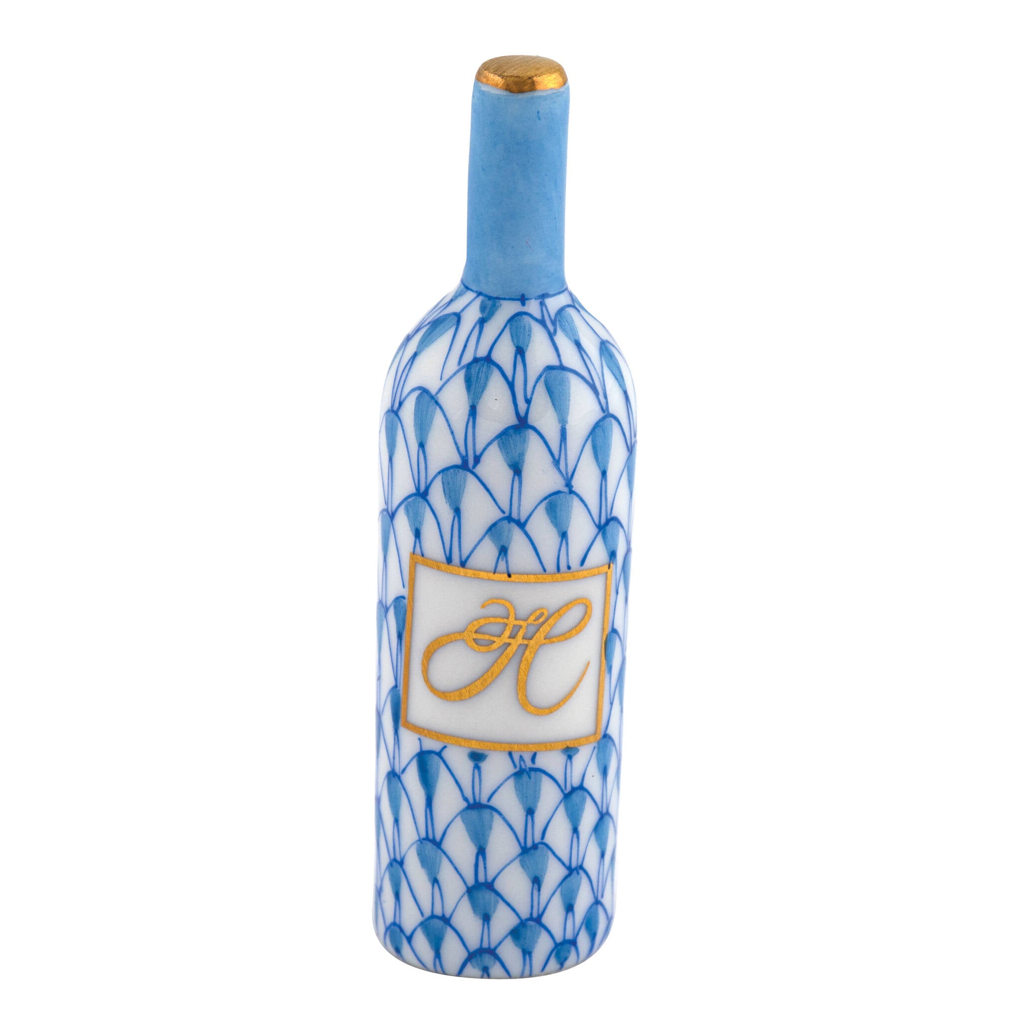 Hand-painted Herend Wine Bottle Figurine in Blue fishnet porcelain on a white background