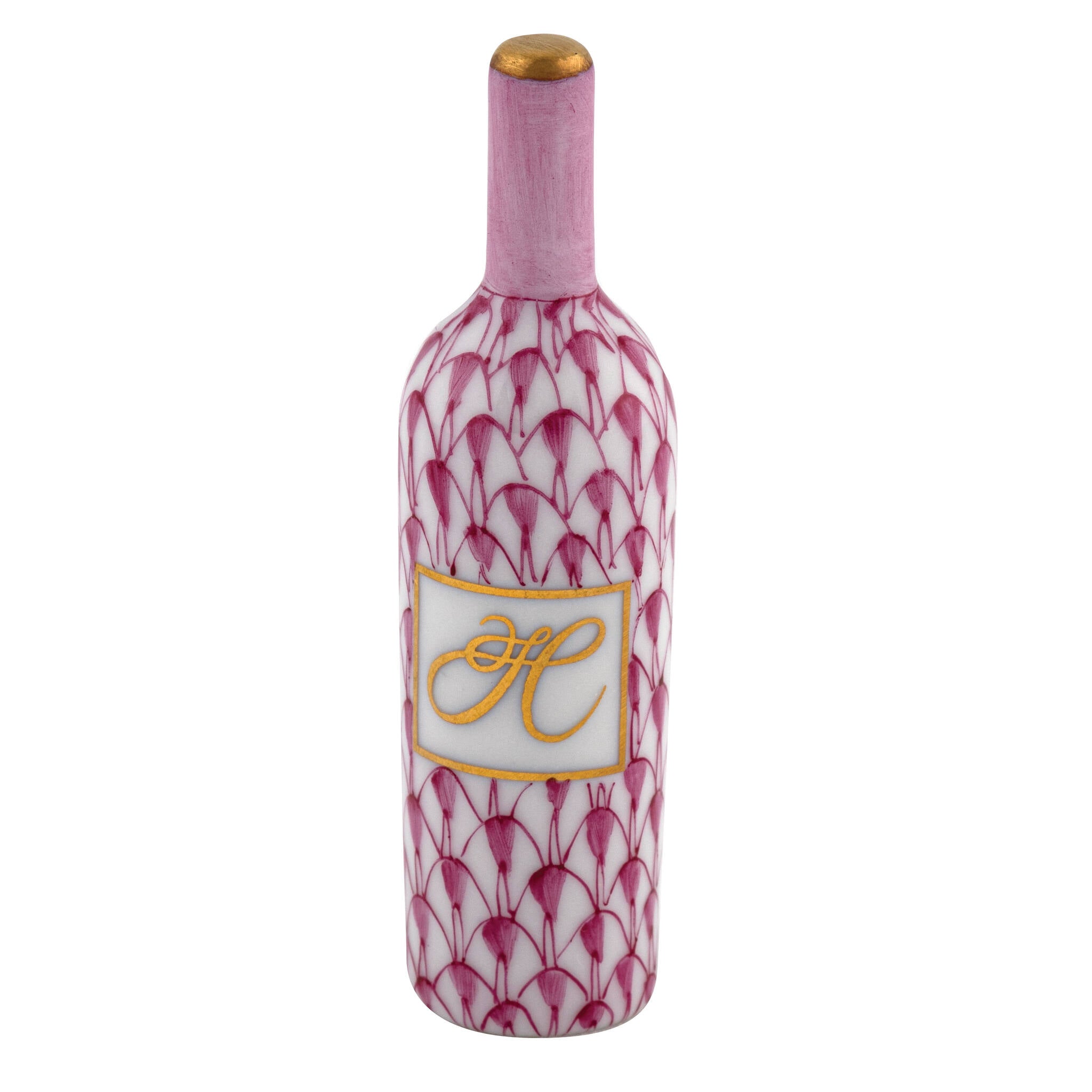 Raspberry fishnet Wine Bottle Figurine figurine, hand-painted Herend porcelain with 24k gold accents