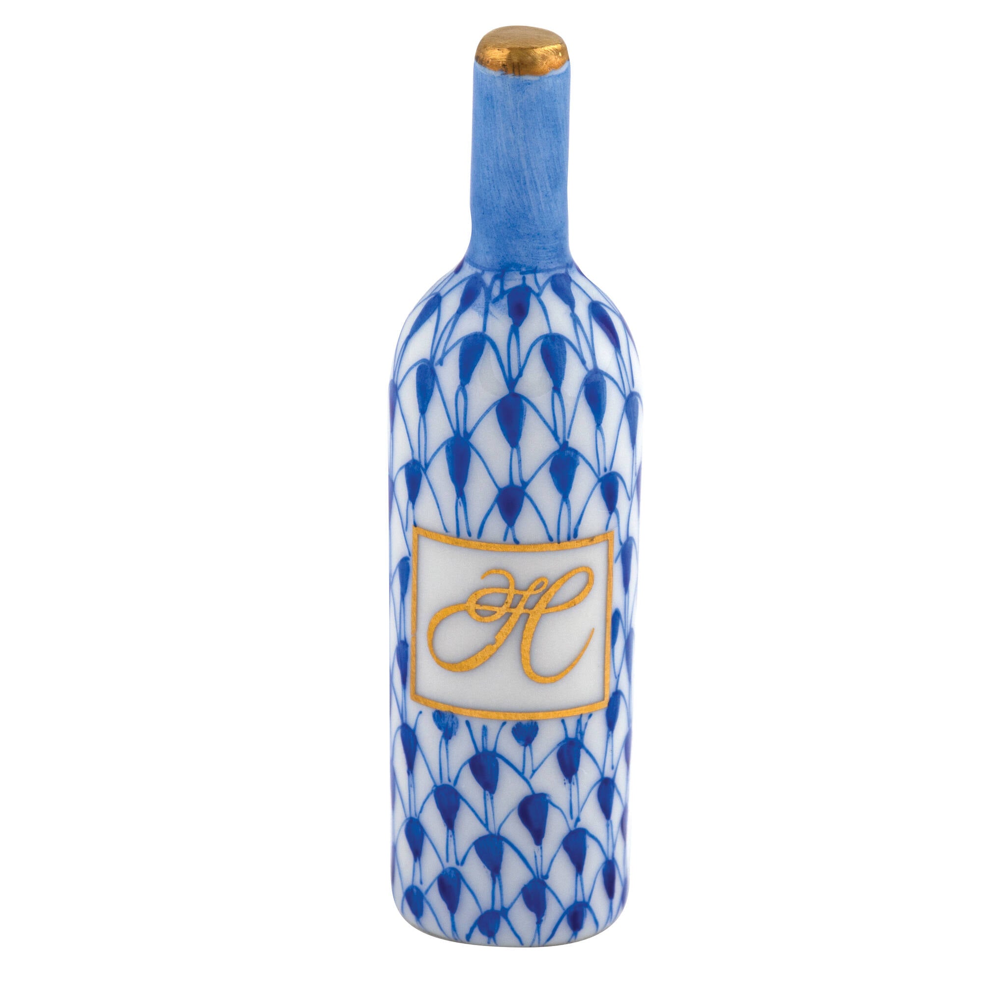 Herend Wine Bottle Figurine porcelain figurine painted in the Sapphire fishnet pattern