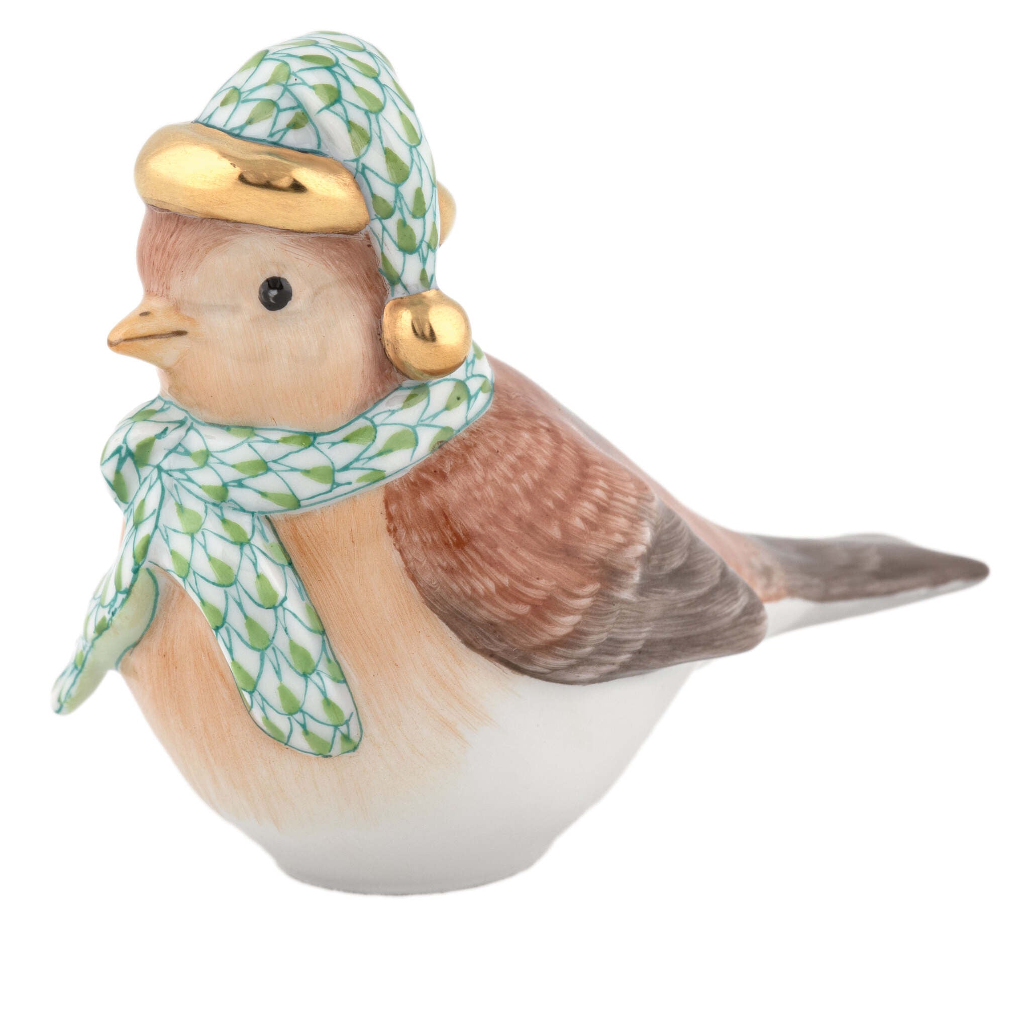 Hand-painted Herend Winter Bird Figurine in Key Lime fishnet porcelain on a white background