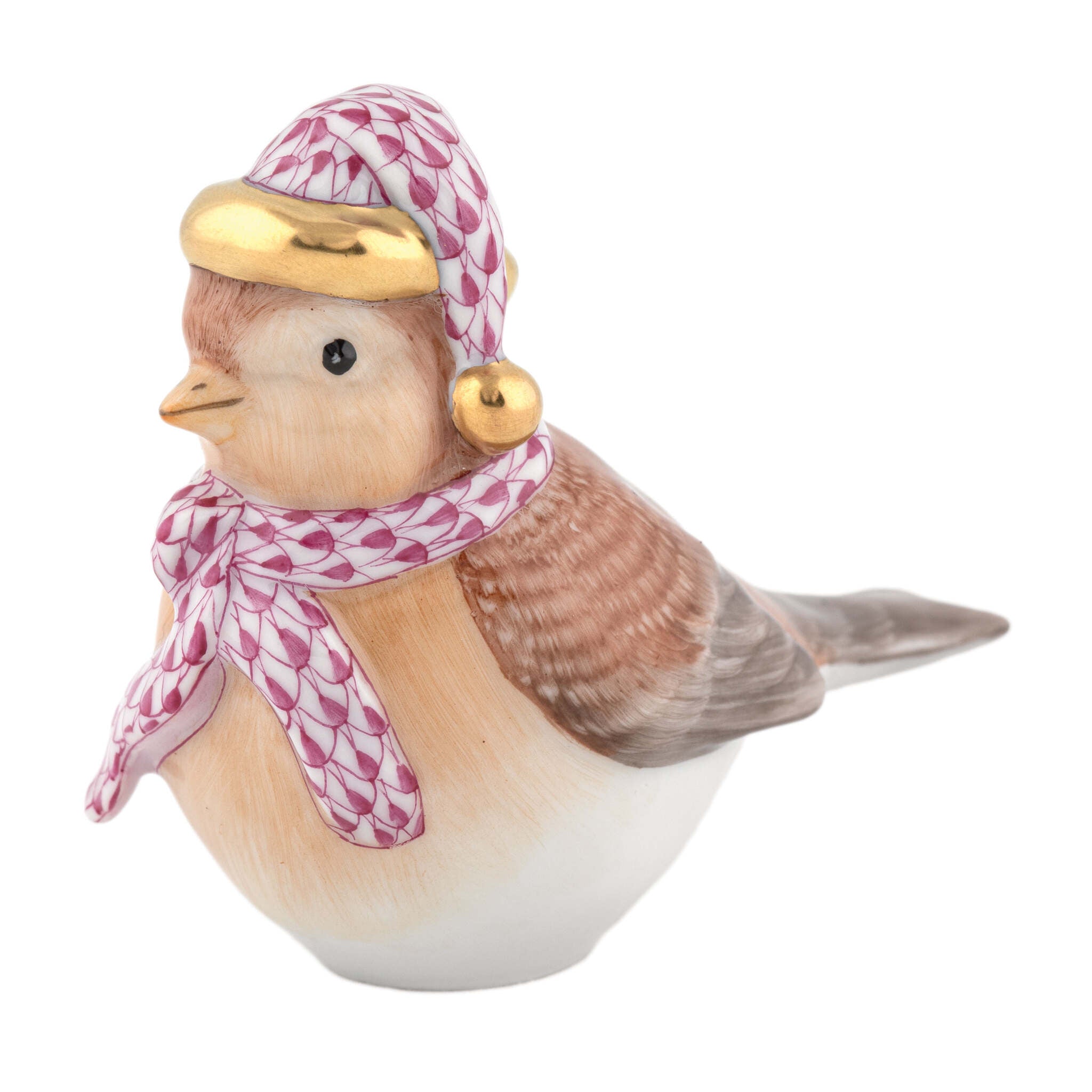 Herend Winter Bird Figurine porcelain figurine painted in the Raspberry fishnet pattern