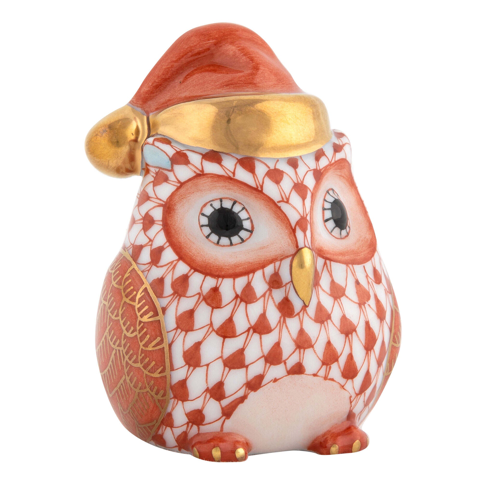 Hand-painted Herend Winter Owl Figurine in Rust fishnet porcelain on a white background