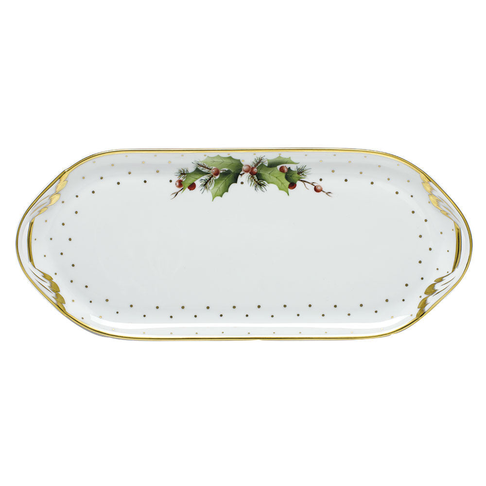 Hand-painted Herend Winter Shimmer Sandwich Tray in fine porcelain, 14.25in L X 6in W, on a white background