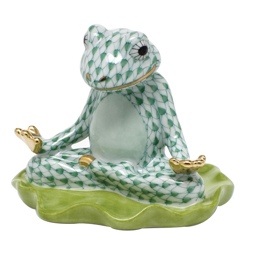 Green fishnet Yoga Frog Figurine figurine, hand-painted Herend porcelain with 24k gold accents