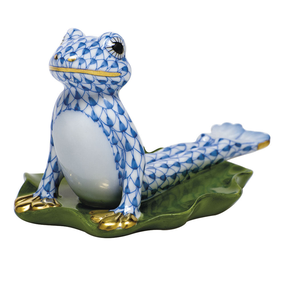 Herend Yoga Frog in Cobra Pose Figurine porcelain figurine painted in the Blue fishnet pattern