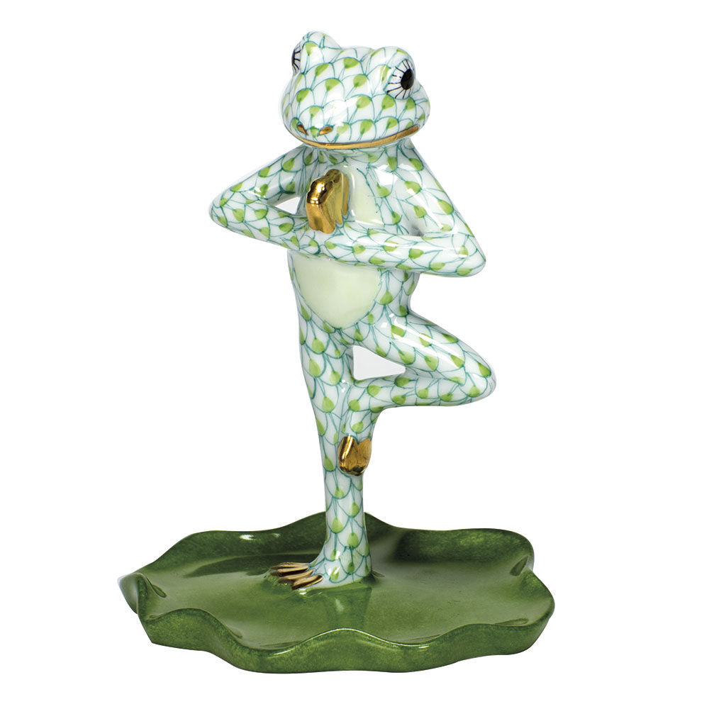 Key Lime fishnet Yoga Frog in Tree Pose Figurine figurine, hand-painted Herend porcelain with 24k gold accents