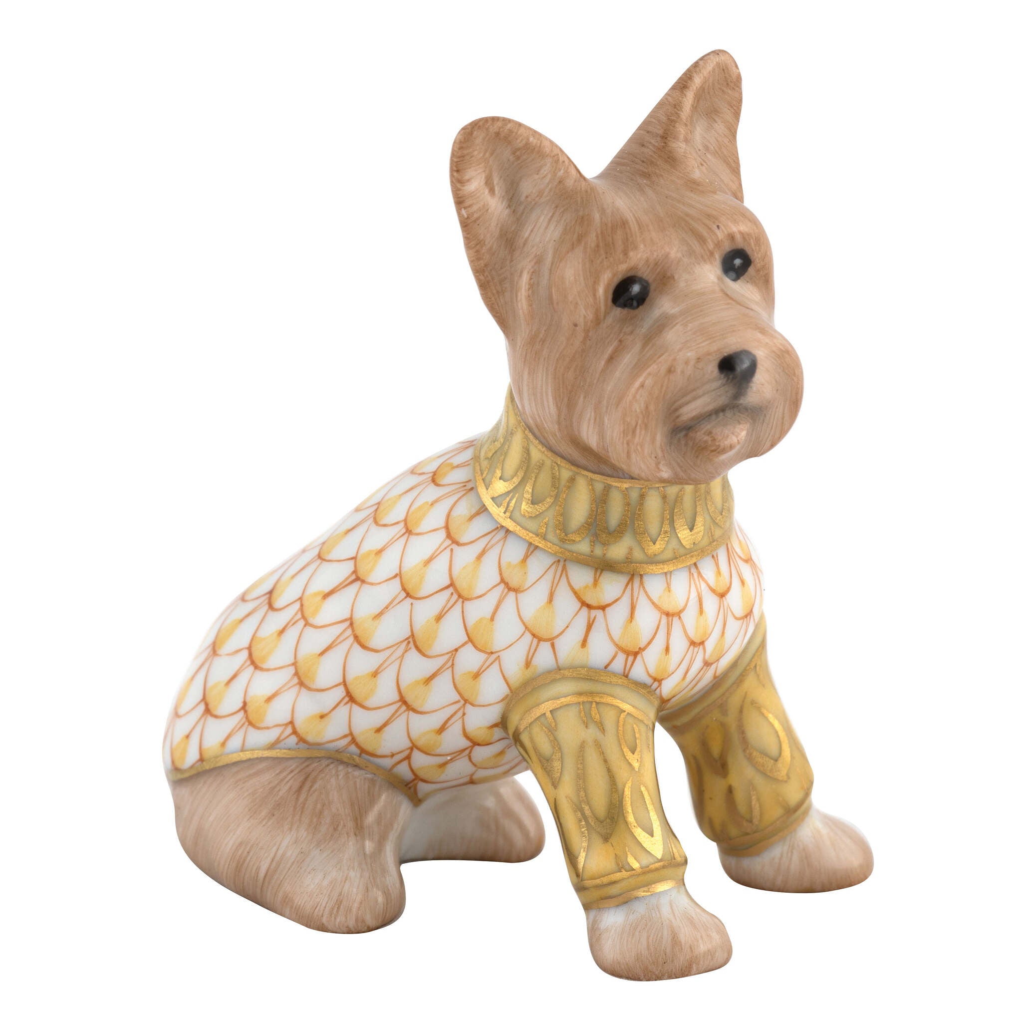 Herend Yorkshire Terrier Figurine porcelain figurine painted in the Butterscotch fishnet pattern
