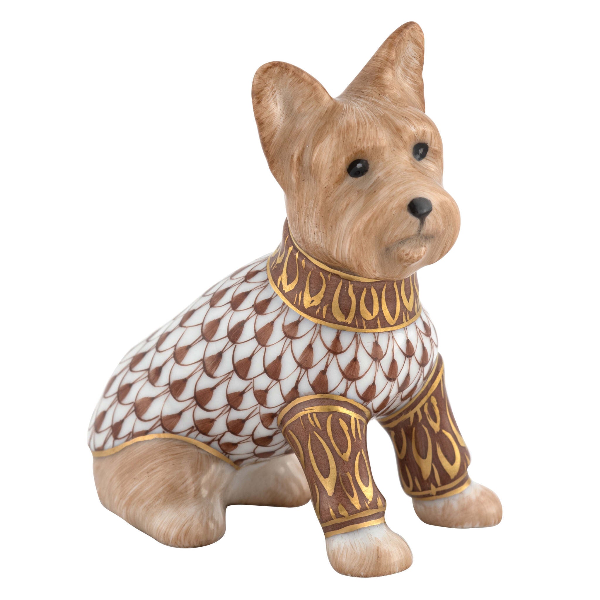 Hand-painted Herend Yorkshire Terrier Figurine in Chocolate fishnet porcelain on a white background