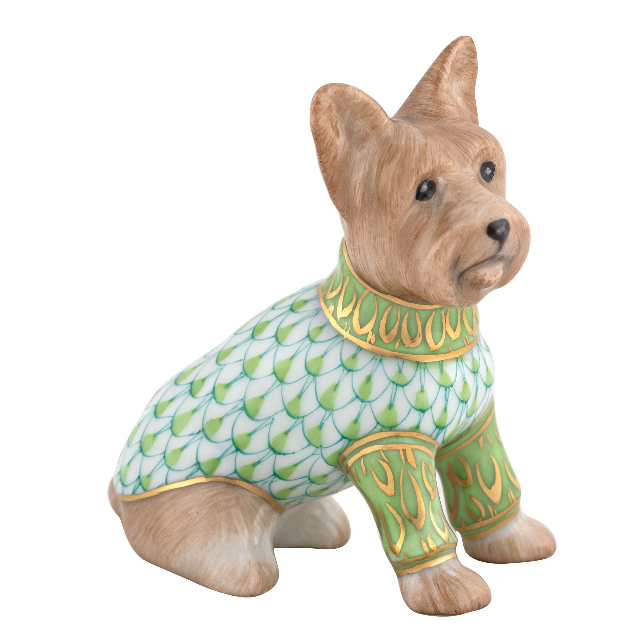 Hand-painted Herend Yorkshire Terrier Figurine in Key Lime fishnet porcelain on a white background